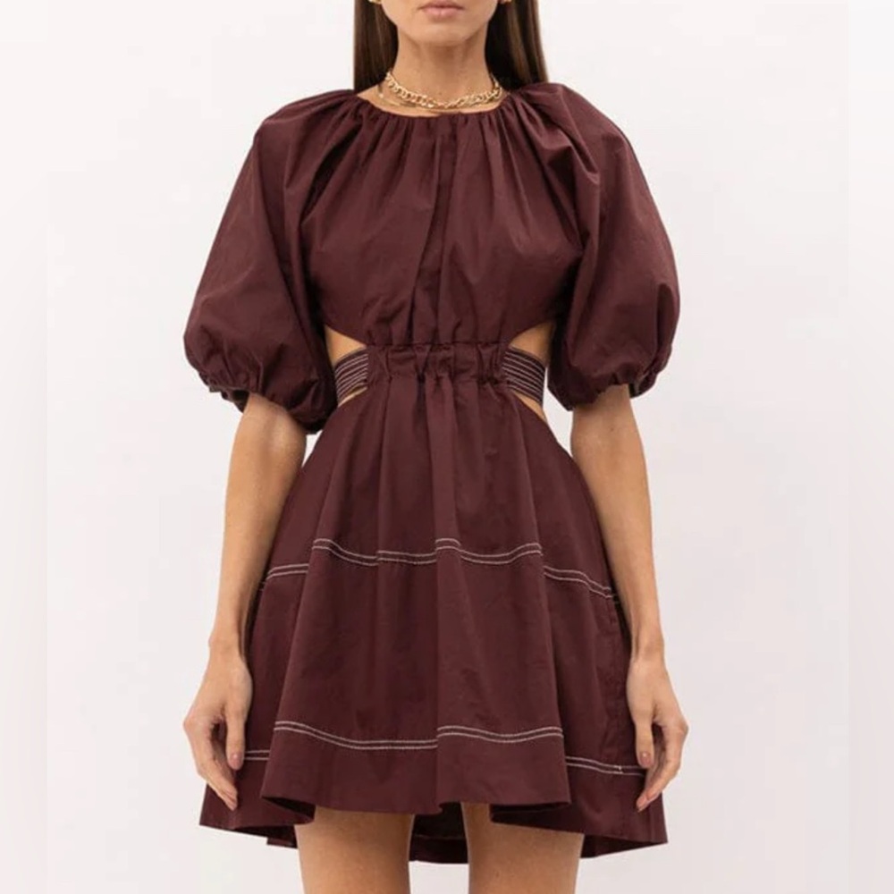 Elegant Burgundy Puff Sleeve Dress